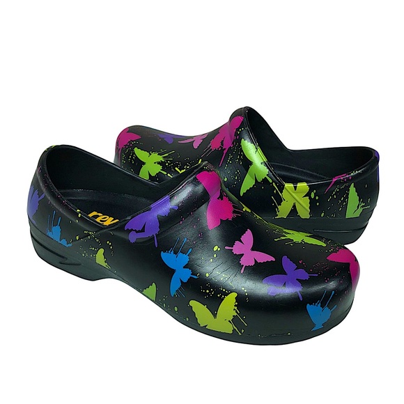 Revel  Anti Slip Light Weight Memory Foam Black Colorful Butterfly Print Clogs 7 - Picture 1 of 13